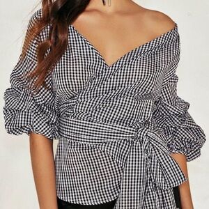 BLOUSE WRAP AROUND GINGNAM PATTERN SIZE S